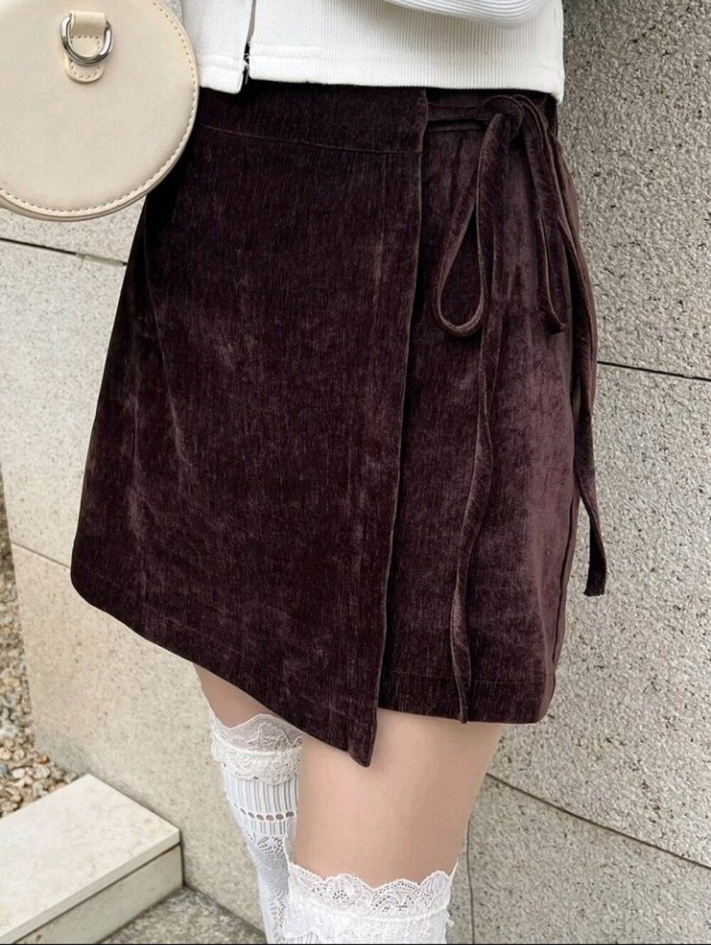 Womens Solid Color Side Waist Knot Asymmetrical Hem Skirt School Date Dark Brown